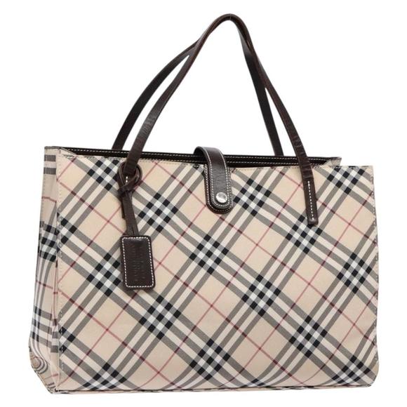 BURBERRY Nova Check Blue Label Tote Bag Nylon Silver Beige Auth 129628 - Picture 1 of 16